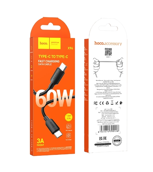 Кабель USB2.0 Hoco Type-C/Type-C, 3A, 60Вт, X96, 1м, черный, коробка