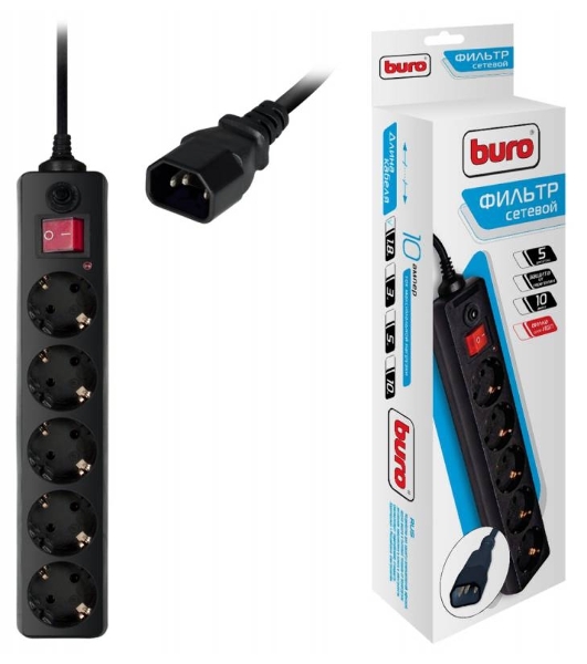 Сетевой фильтр Buro 500SH-1.8-UPS-B 1.8 м, 5 розеток, черный, коробка