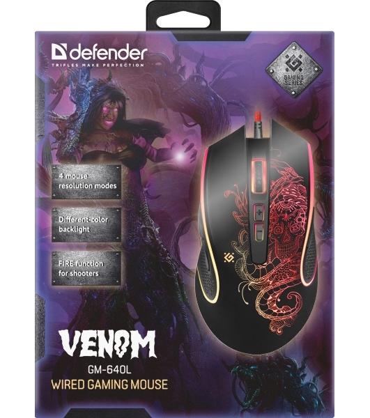 Мышь проводная Defender Venom GM-640L черный, 3200 dpi, USB, кнопки - 8