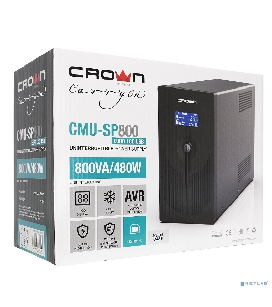 Источник бесперебойного питания Crown CMU-SP800EURO LCD/800 ВА/450 Вт/4 x евророзетка с заземлением (Schuko)