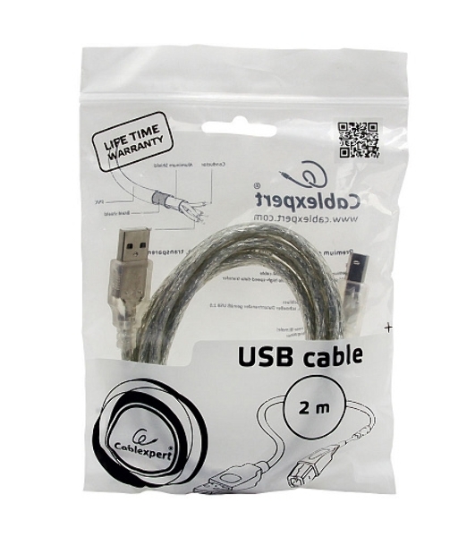 Кабель Cablexpert USB2.0 Pro, AM/BM, 2м, экран, 2 феррит.кольца, прозрачный (CCF-USB2-AMBM-TR-2M)
