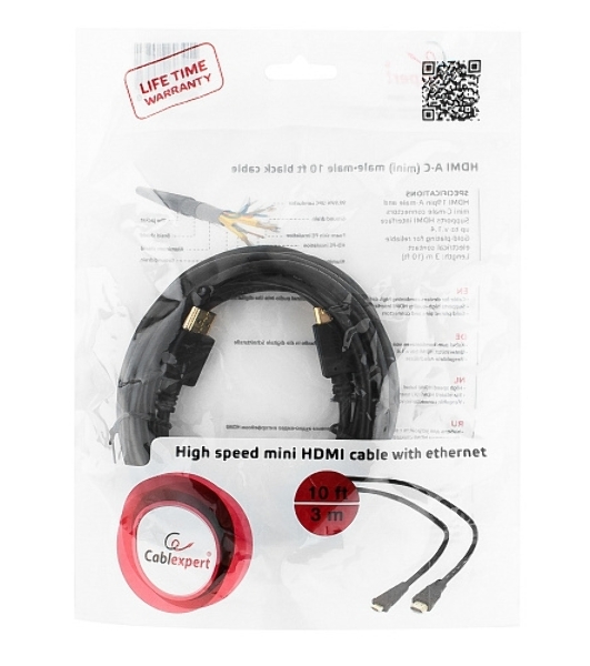 Кабель HDMI-miniHDMI Cablexpert CC-HDMI4C-10, 19M/19M, v2.0, медь, позол.разъемы, экран, 3.0м, черный, пакет