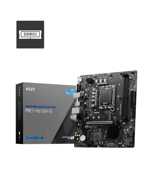Материнская плата MSI PRO H610M-E, LGA 1700, Intel H610, 2xDDR5, 4xSATA, 1xM.2, 1xPCIe 4.0 x16, 1xPCIe 4.0 x1, 1xHDMI, 1xVGA, 1xRJ45 1Gb, 2xUSB-A 3.2 Gen 1, 4xUSB-A 2.0, 3x3.5мм, 7.1, mATX