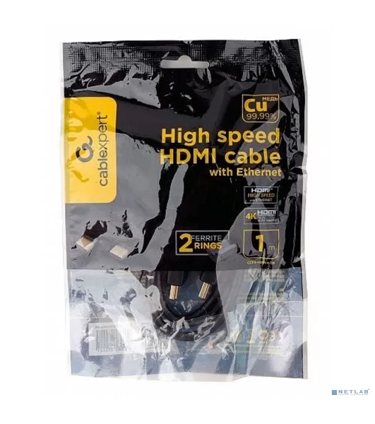 Кабель HDMI Cablexpert CCF2-HDMI4-1M, 19M/19M, v2.0, медь, позол.разъемы, экран, 2 фер.кольца, 1м, черный, пакет