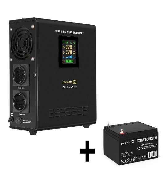 Комплект Источник бесперебойного питания EX295996RUS + батарея 26Aч EX282970RUS 1шт (инвертор, синус, для котла, настенный) ExeGate FineSine SX-800.LCD.AVR.2SH <800VA/500W, чистая синусоида, цветной LCD-дисплей, AVR, 2*Schuko, линейно-интерактивный, крепление настенное/универсальное, черный> + батарея ExeGate DT 1226 (12В, 26Ач) 1шт