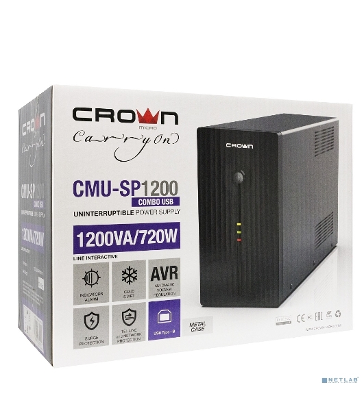 Источник бесперебойного питания Crown CMU-SP1200 COMBO USB/1200 ВА\720 Вт/2 х Euro + 4 х IEC-320 С13 с резервным питанием и фильтрацией, 1 х IEC-320 С13 Bypass