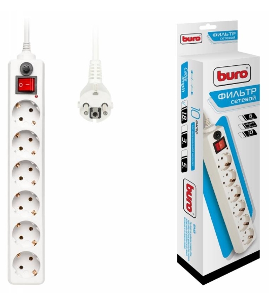 Сетевой фильтр Buro 600SH-1.8-W 1.8 м, 6 розеток, белый, коробка