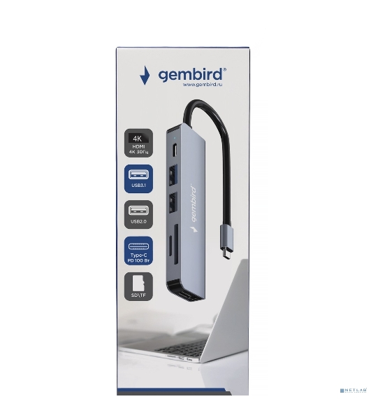 USB-концентратор Gembird UHB-D9, USB Type-C, PD100W, SD/TF, USB 2.0, HDMI, USB Type-C