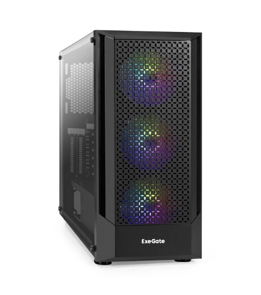 Компьютерный корпус Miditower ExeGate EVO-8227 (ATX, без БП, 2хUSB+1хUSB 3.0+HD Audio, черный, 3 вент. с RGb подсветкой, боковая панель - закаленное стекло)