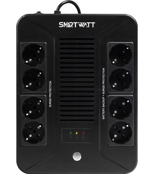 Источник бесперебойного питания SMARTWATT UPS SAFE PRO 1000 черный 1000/600 ВА/Вт, линейно-интерактивный, напольный/настенный, LED индикация, Shuko CEE7/4 - 8 шт. (4 шт. с резервным питанием, 4 шт. - сетевой фильтр)