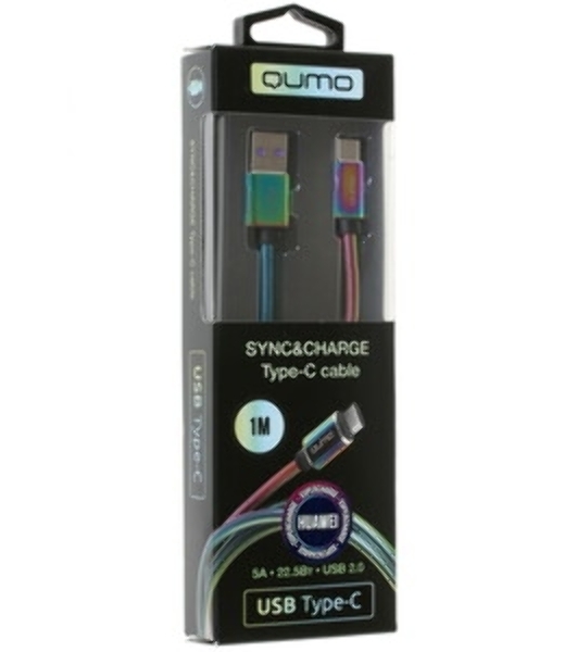 Кабель Qumo Type-С кабель, 1м, USB 2.0, 5В, 2А, 10Вт, тканевая оплетка, стальной коннектор, черный