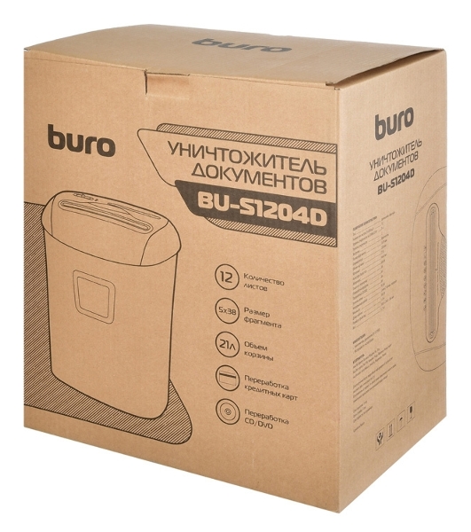 Шредер Buro Office BU-S1204D (секр.P-4)/фрагменты/12лист./21лтр./пл.карты/CD