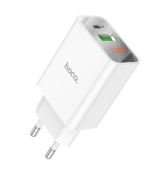 Сетевое зарядное устройство с дисплеем Hoco 18Вт, 3А, QC3.0/PD, 1хUSB, 1хType-C, C100A, белый, коробка