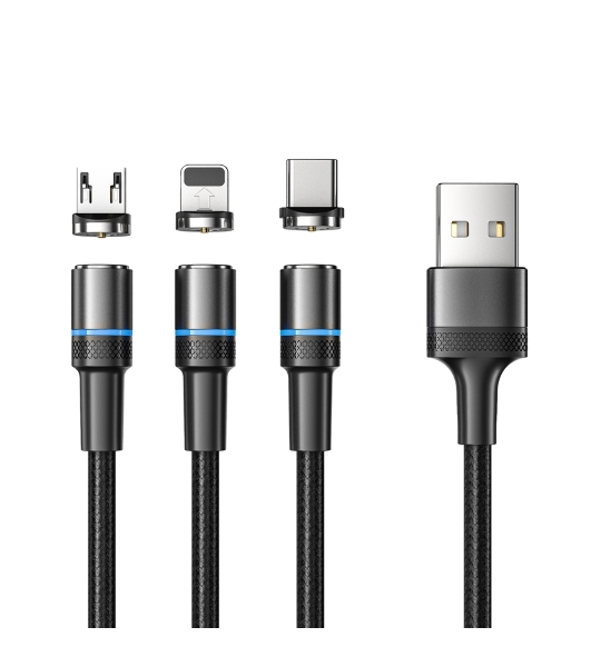 Кабель USB Rexant 3в1 со съемными магнитными портами, Type-С (2A), Lightning (2,4A), Micro USB (2A), 1,2м, в черной оплетке, с LED подсветкой