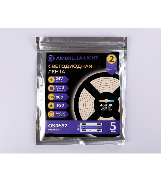 Светодиодная лента Ambrella light GS4652 COB 320Led/ 10W m/ 24V IP20 4500K/ 5000*8*1.54mm (2 конт.)