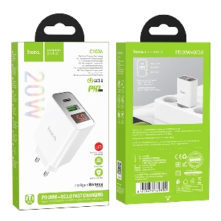 Сетевое зарядное устройство с дисплеем Hoco 18Вт, 3А, QC3.0/PD, 1хUSB, 1хType-C, C100A, белый, коробка