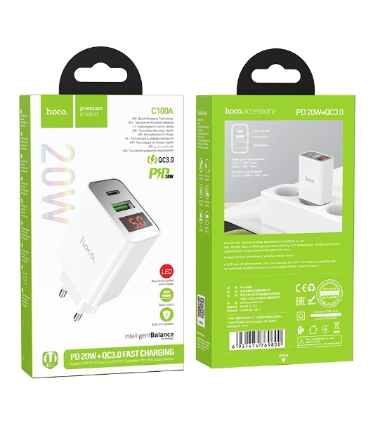 Сетевое зарядное устройство с дисплеем Hoco 18Вт, 3А, QC3.0/PD, 1хUSB, 1хType-C, C100A, белый, коробка