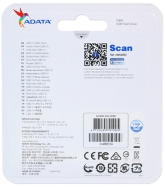 Флешка USB ADATA C906 (AC906-32G-RWH), 32Gb, USB 2.0, R/W 15/5, белый