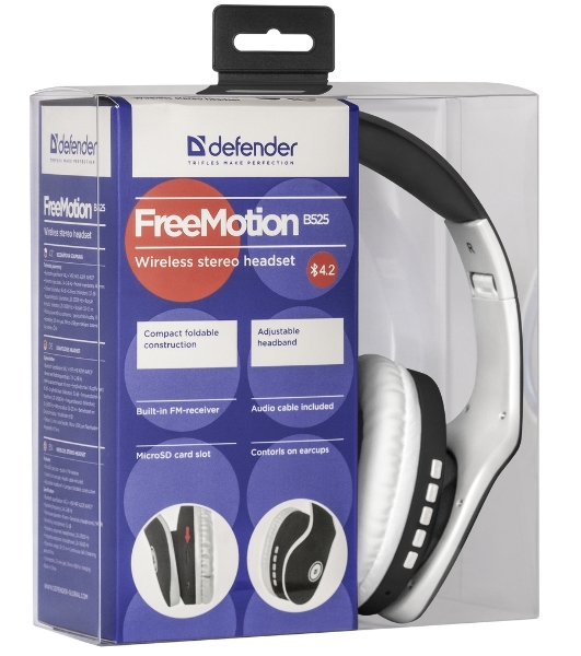 Беспроводные/проводные наушники Defender FreeMotion B525 черный/белый, накладные, Bluetooth + проводной, до 8 ч