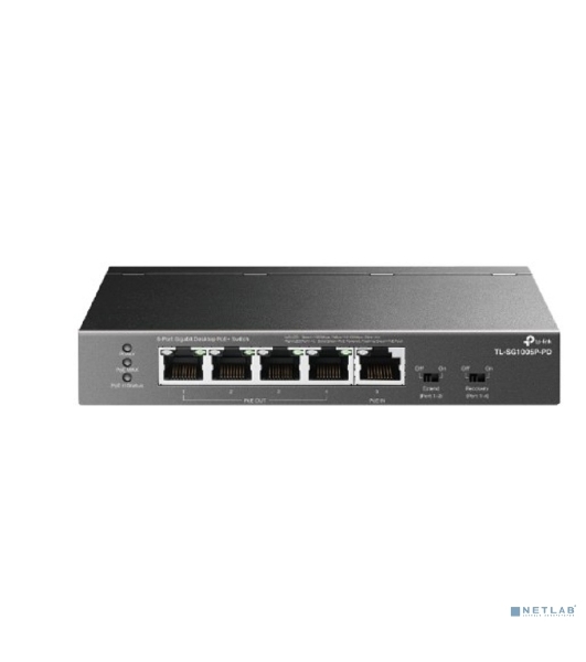 Коммутатор настольный TP-Link TL-SG1005P-PD с 5 гиг. портами (1 порт с входящим PoE++, 4 порта с исходящим PoE+), бюджет PoE: 9, 21, 47 или 66 Вт (зависит от используемого стандарта входящего PoE)