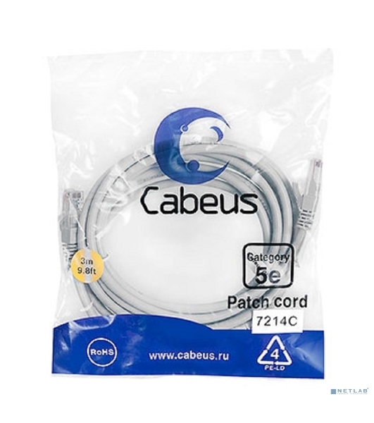 Патч-корд Cabeus PC-UTP-RJ45-Cat.5e-3m U/UTP, cat.5е, 2xRJ45/8p8c, неэкранированный, серый, PVC, 3м