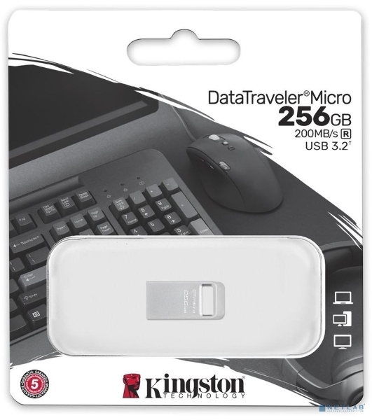 Флешка USB Kingston DataTraveler Micro (DTMC3G2/256Gb), 256Gb, USB 3.2 Gen 1, R/W 200/60, серебристый
