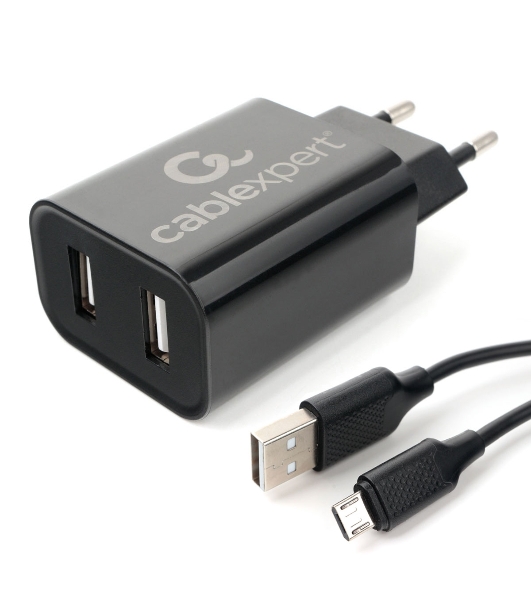 Сетевое зарядное устройство Cablexpert MP3A-PC-35 USB 2 порта, 2.4A, черный + кабель 1м micro