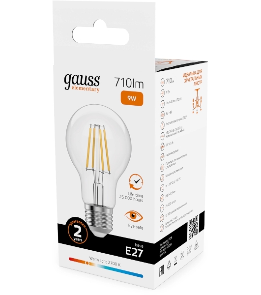 Лампа светодиодная филаментная Gauss Filament 9Вт цок.: E27 груша св. свеч. бел. теп. (упак.: 10 шт)