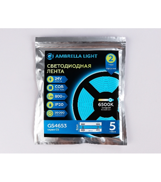 Светодиодная лента Ambrella light GS4653 COB 320Led/ 10W m/ 24V IP20 6500K/ 5000*8*1.54mm (2 конт.)