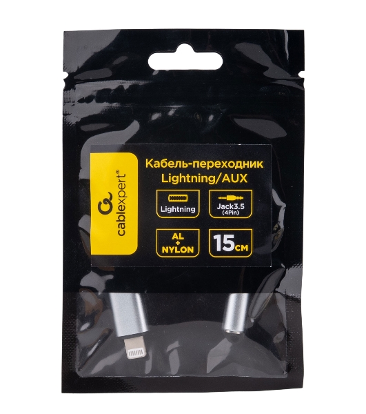 Кабель-переходник AUX Cablexpert CCA-LM3.5F-AL Lightning(M)/Jack3.5(F), алюминий+нейлон.оплётка, 0.15м, пакет