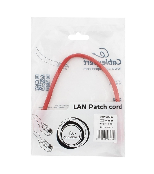 Патч-корд UTP Cablexpert cat.5e, 0.25м, литой, многожильный, красный