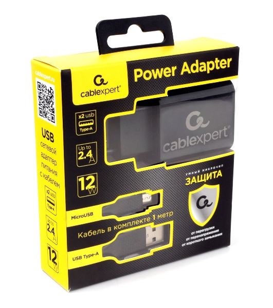 Сетевое зарядное устройство Cablexpert MP3A-PC-35 USB 2 порта, 2.4A, черный + кабель 1м micro