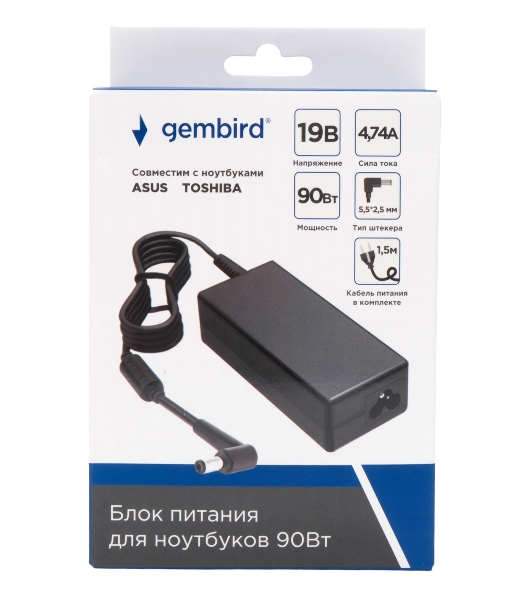 Блок питания Gembird для ноутбуков Asus, Toshiba 19В/4,74А, 90Вт, 1 штекер 5,5х2,5мм (NPA-AC17)