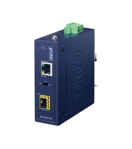 Медиаконвертор PLANET IGT-815AT IP30 Compact size Industrial 100/1000BASE-X SFP to 10/100/1000BASE-T Media Converter (-40 to 75 C, LFP Supported)