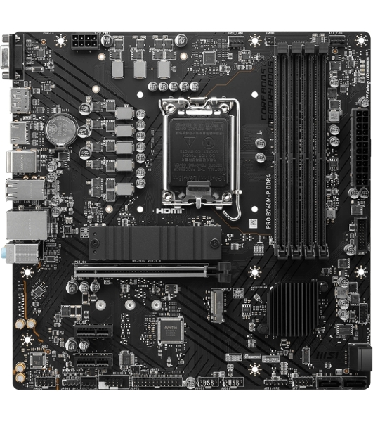 Материнская плата MSI PRO B760M-P DDR5, LGA 1700, Intel B760, 4xDDR5, 4xSATA, 2xM.2, 1xPCIe 4.0 x16, 2xPCIe 3.0 x1, 1xHDMI, 1xDP, 1xVGA, 1x1Gb LAN, 4xUSB-A 2.0, 1xUSB-A 3.2 Gen 1, 1xUSB-C 3.2 Gen 2, 3x3.5 мм, 7.1, mATX
