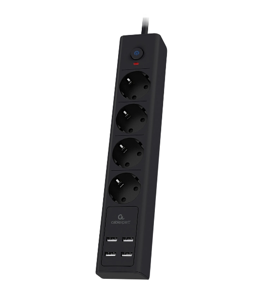 Сетевой фильтр Cablexpert Exnovo, EXN-4-U4-B-2, 4р, 16А, 4хUSB, 3.4A, 2 м, ур. защиты 4+, черный, коробка