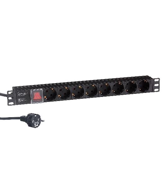 Блок розеток горизонтальный ExeGate ServerPro PDU-19H802 Al-8S-EU1.8-SW, 19', 1U, Алюминий, 8 Schuko, кабель с евровилкой VDE-250V-16A-3*1.5мм2, 1.8 метра, выкл. с подсветкой, черный