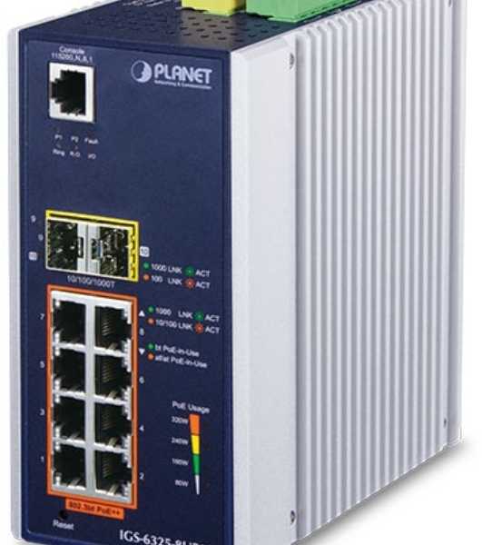 Коммутатор PLANET IGS-6325-8UP2S IP30 DIN-rail Industrial L3 8-Port 10/100/1000T 802.3bt PoE + 2-port 1G/2.5G SFP Full Managed Switch (-40 to 75 C, 8-port 95W PoE++, 802.3bt/PoH/Force modes, dual redundant power input on 48~56VDC terminal block, DIDO, ERPS Ring, 1588 PTP TC, Modbus TCP, ONVIF, Cybersecurity features, Hardware Layer3 OSPFv2 and IPv4/IPv6 Static Routing, supports MQTT, supports 100FX, 1000X and 2.5G SFP)