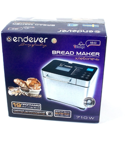 Хлебопечка Endever Skyline MB-53, 710 Вт, 19 программ, таймер 15ч, сохранение уст. прогр., авт. термостат, автоподогрев 60 мин