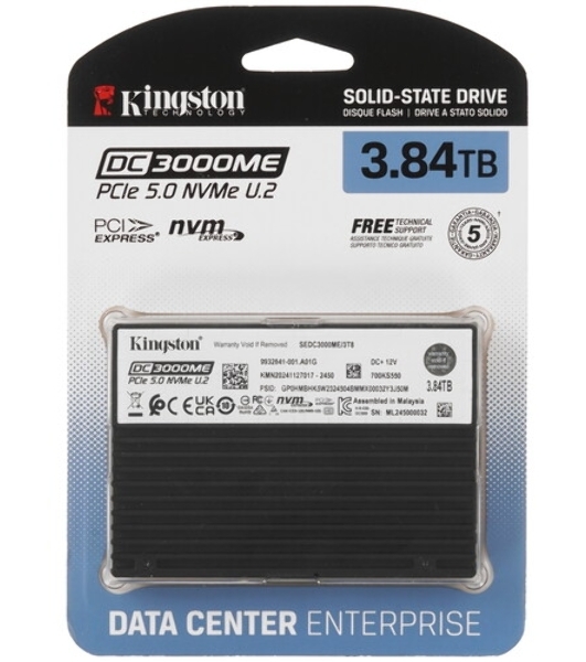 Накопитель SSD Kingston DC3000ME 3840Gb, U.2(2.5' 15мм), NVMe, PCIe Gen 5x4, 3D TLC, R/W 14000/5800Mb/s, IOPs 2 700 000/300 000, TbW 7008, DWPD 1 (12 мес)