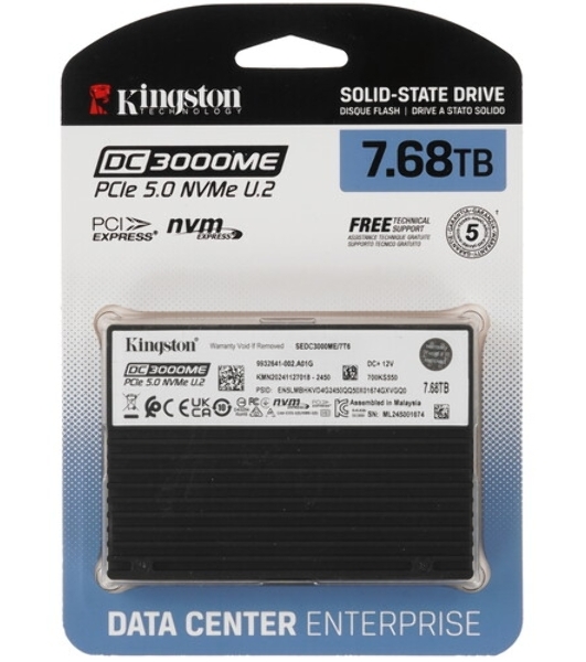 Накопитель SSD Kingston DC3000ME 7680Gb, U.2(2.5' 15мм), NVMe, PCIe Gen 5x4, 3D TLC, R/W 14000/1000Mb/s, IOPs 2 800 000/500 000, TbW 14016, DWPD 1 (12 мес)