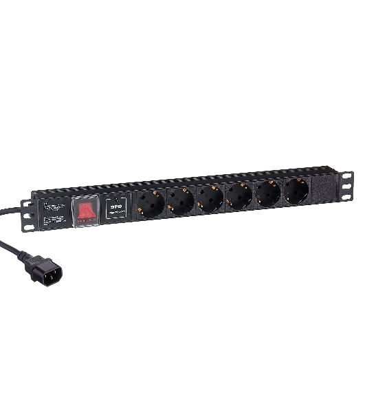 Блок розеток горизонтальный ExeGate ServerPro PDU-19H609 Al-6S-C14-2, 19', 1U, Алюминий, 6 Schuko, кабель с вилкой C14 VDE-250V-10A-3*1.0мм2, 2 метра, выкл. с подсветкой, SPD1, черный