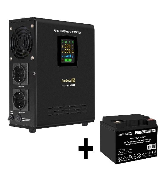 Комплект Источник бесперебойного питания EX295996RUS + батарея 40Aч EX282976RUS 1шт (инвертор, синус, для котла, настенный) ExeGate FineSine SX-800.LCD.AVR.2SH <800VA/500W, чистая синусоида, цветной LCD-дисплей, AVR, 2*Schuko, линейно-интерактивный, крепление настенное/универсальное, черный> + батарея ExeGate DT 1240 (12В, 40Ач) 1шт