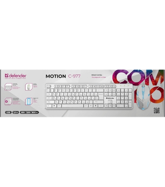 Комплект клавиатура+мышь Defender Motion C-977 проводной, USB, 1600 DPI, белый
