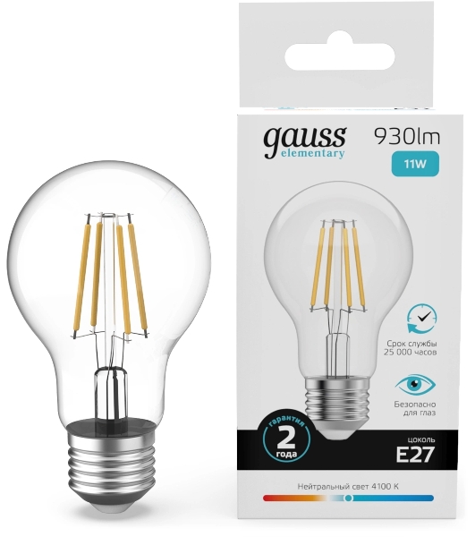 Лампа филам. Gauss Filament 11Вт цок.:E27 груша св.свеч.бел.нейт. (упак.:10шт) (22221)