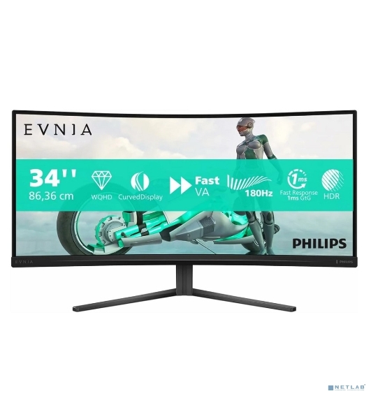 Монитор 34' Philips 34M2C3500L VA 3440x1440, 180 Гц, 1 мс, 21:9, 300 кд/м², 2xHDMI, 1xDP, 1x3.5 мм, изогнутый R1500, черный