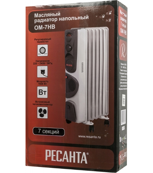 Обогреватель масляный Ресанта ОМ-7НВ (7секций) белый, 1900 Вт, 19 м2, термостат 67/3/10